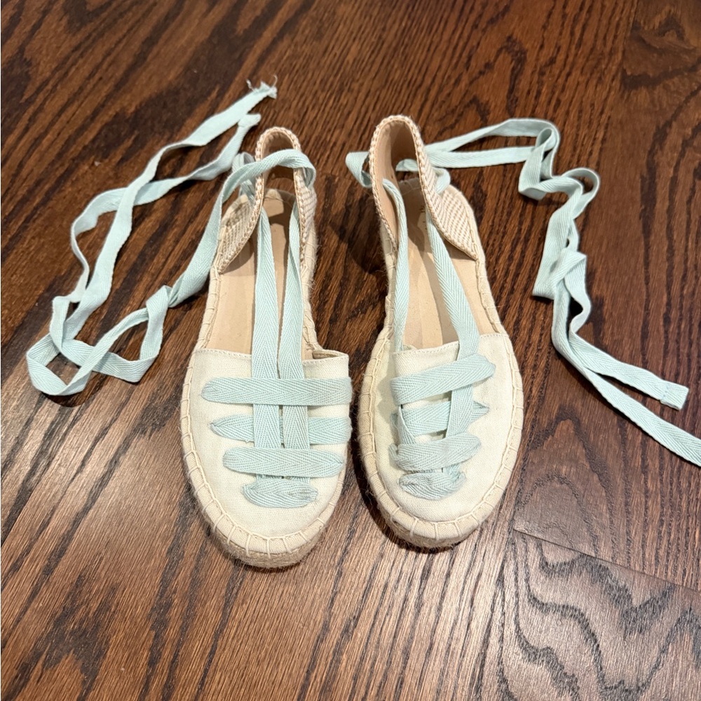 Girls' Light Blue and Cream Canvas Espadrille Sandals with Ankle Ties
